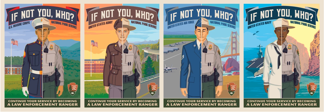 Series of law enforcement recruitment posters that feature US military service members as also park rangers