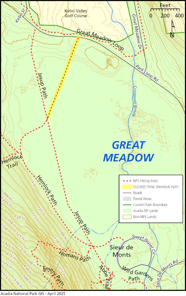 Topographical map with a highlighted section of trail that is closed for restoration work