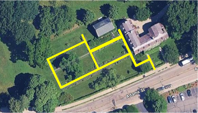 overhead photograph of the gardens at Peace field, highlighting established pathways in the formal garden that are flanked by historic boxwood hedges.