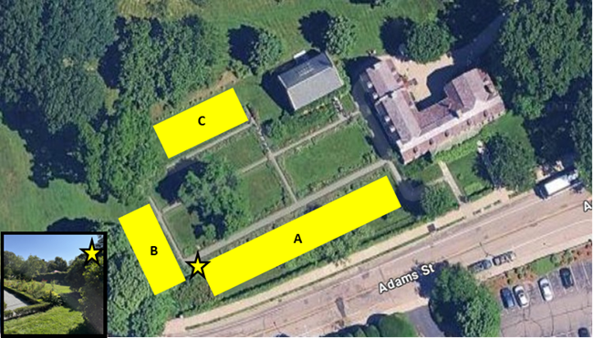 Overhead photograph of the garden, showing three photography areas. Area A is to the south, between the hedge and Adams St. fence. Area B is to the west on the far side of the formal garden. Area C is to the north behind the garden.
