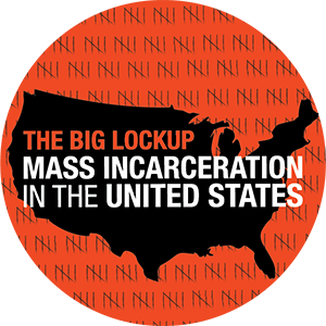 Icon with outline of lower 48 and tick mark by fives in the background. The Big Lockup: Mass Incarceration in the United States.