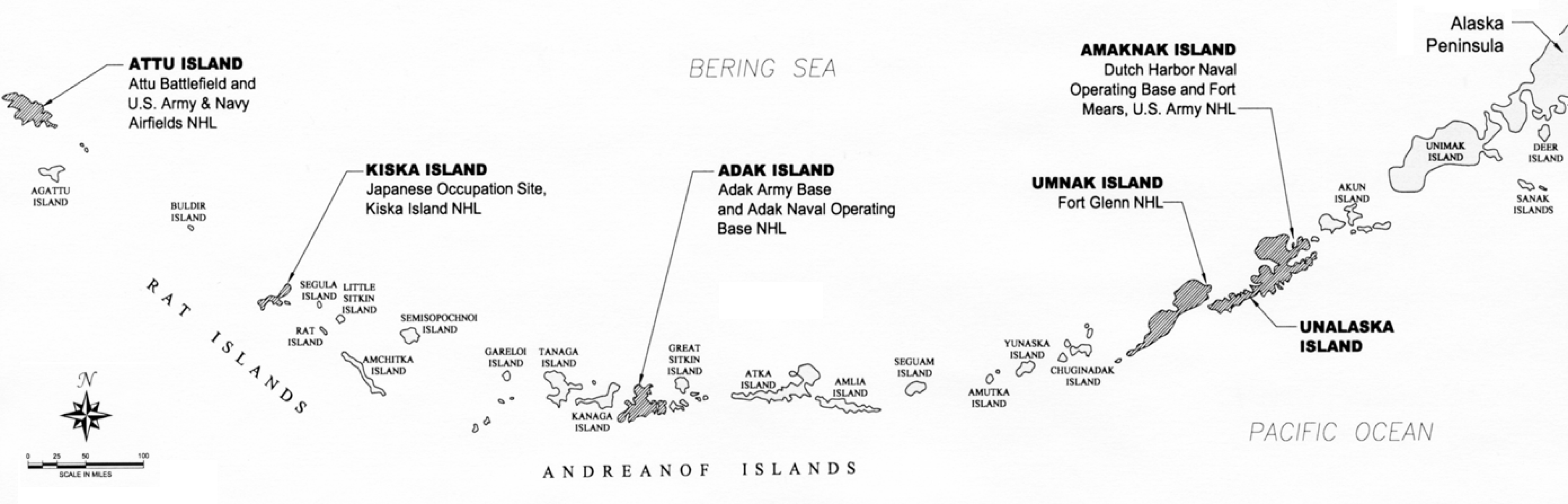 a map of a long island chains with many islands extending from east to west, where the westernmost island is labeled "Attu Island."