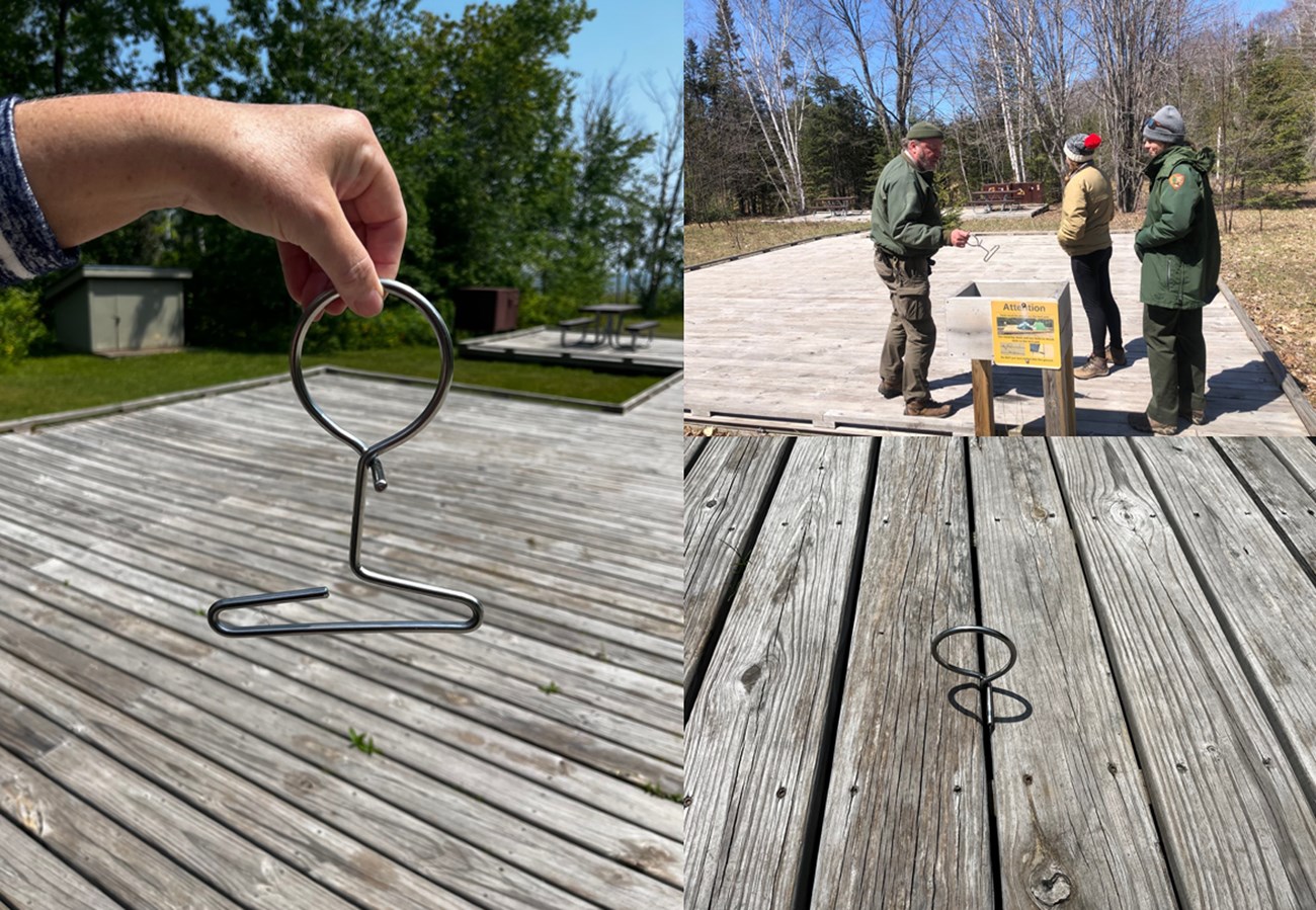 Photographs of wooden platform tent pads surrounded by forest. Detail photographs show how tent stake hardware connects between boards to secure tents.