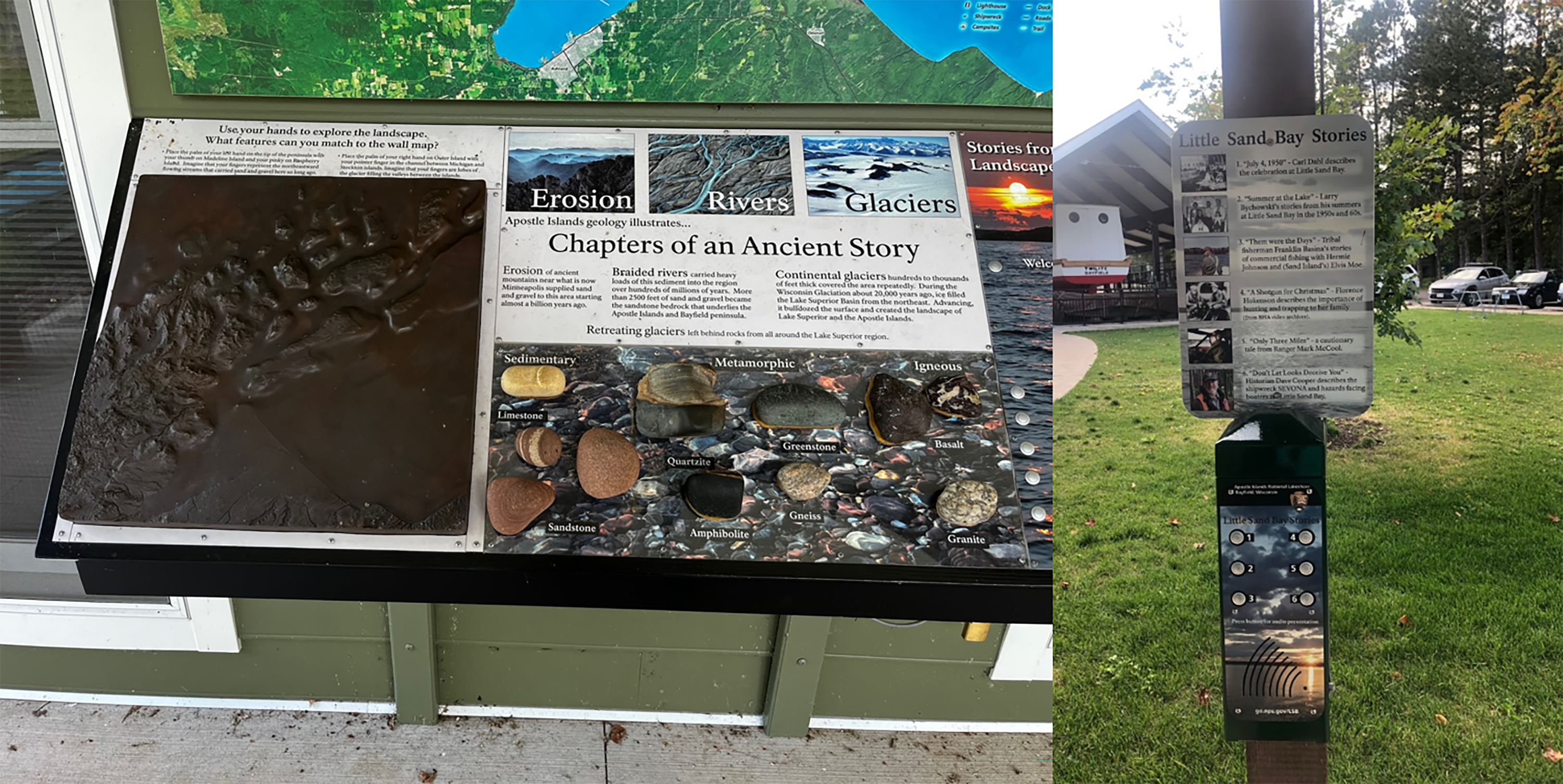 Photograph of tactile panel with rocks and relief of Apostle Islands for visitors to touch, alongside photograph showing push-button audio exhibit.