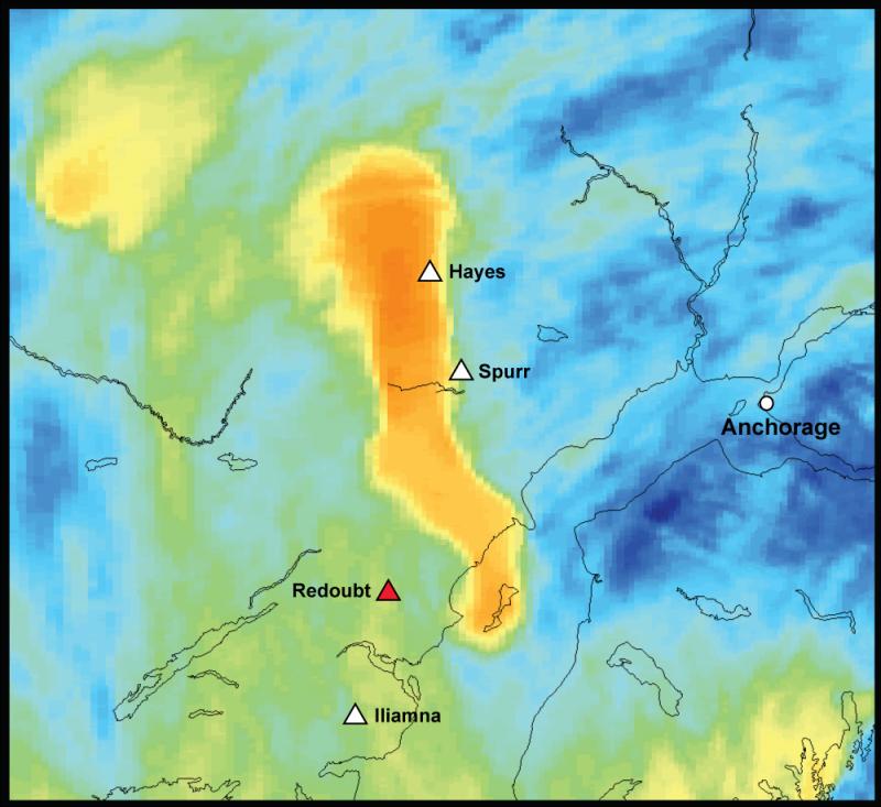 false-color satellite image showing an ash cloud