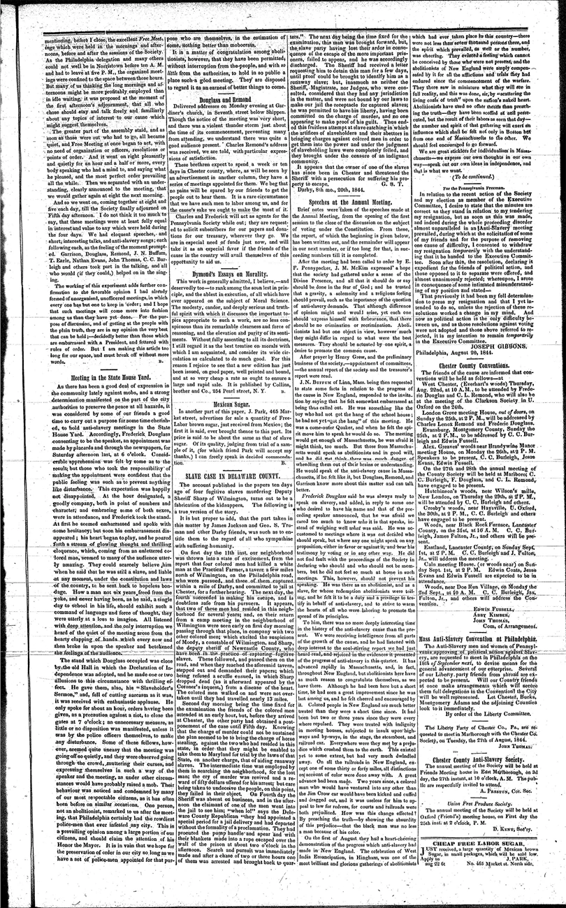Third page of the August 22, 1844 issue of the Pennsylvania Freeman featuring Frederick Douglass’s “Meeting in the State House Yard.” Printed black text on white paper.