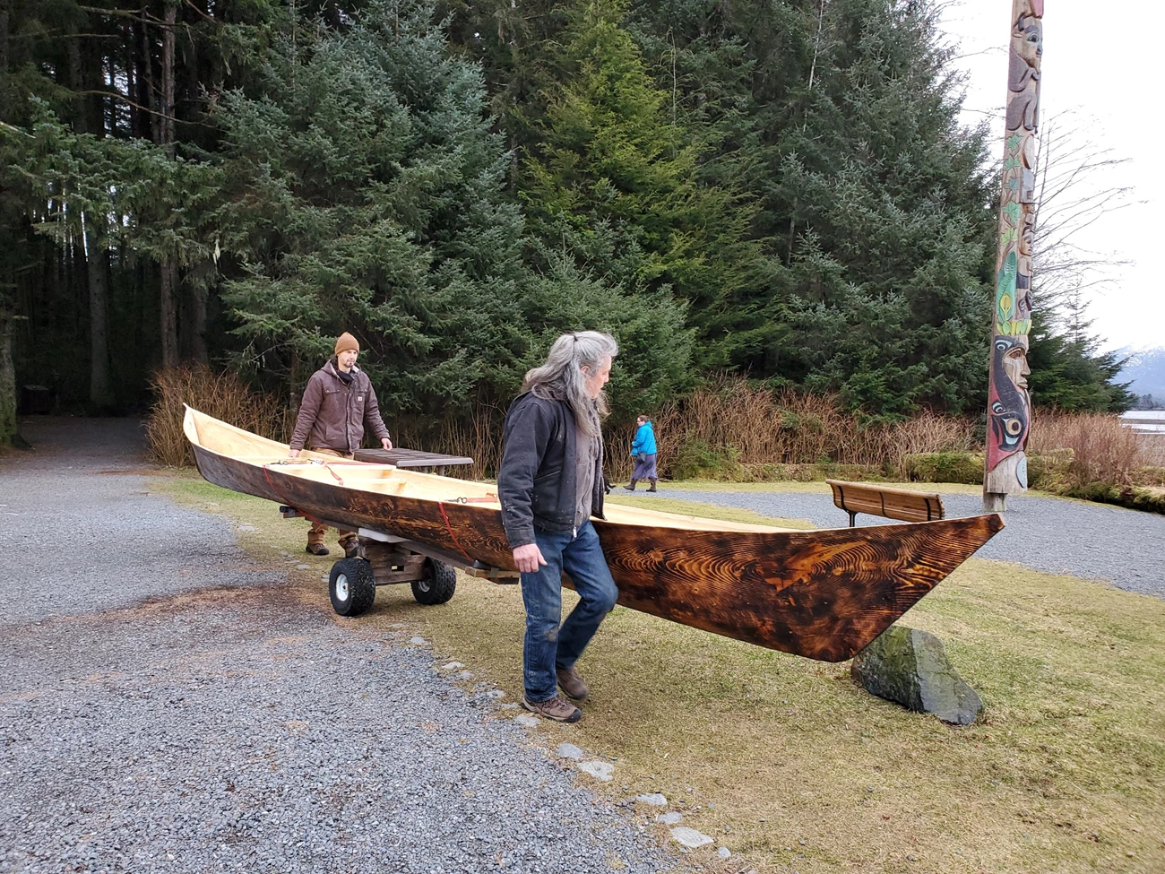 The 300 lb Sitka spruce canoe gets it's first taste of freedom from the carving shed. Two men hauling a large wooden canoe on a small trailer alng a gravel path. A forest is in the background.