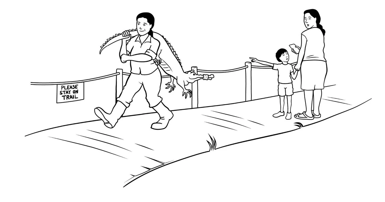 Setting an Example a drawing of a woman holding an alligator while walking down a trail marked with a sign that says "please stay on trail." A child holding a shocked woman's hand points at the woman with the alligator.