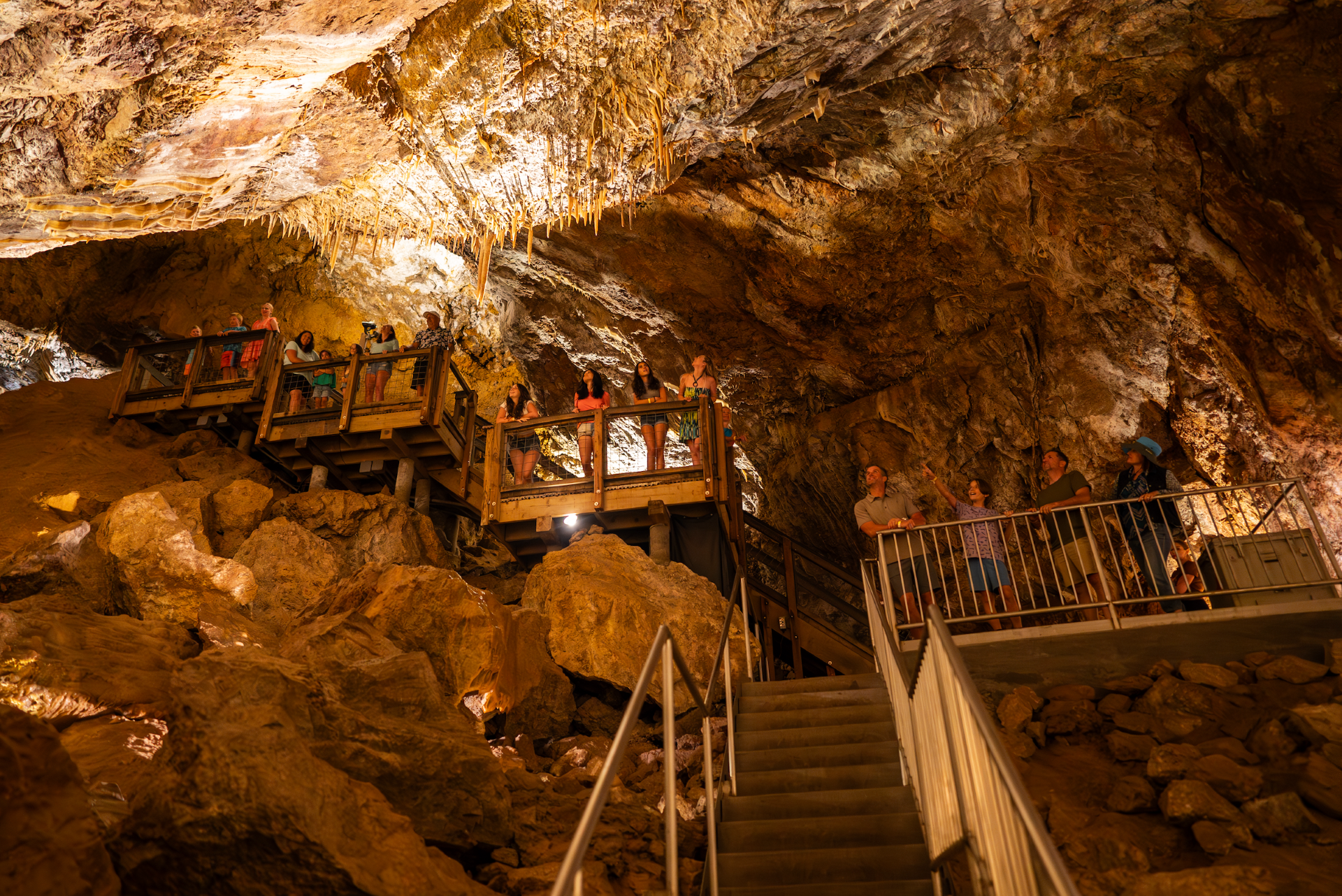 interior o a cave with lights and wooden structure