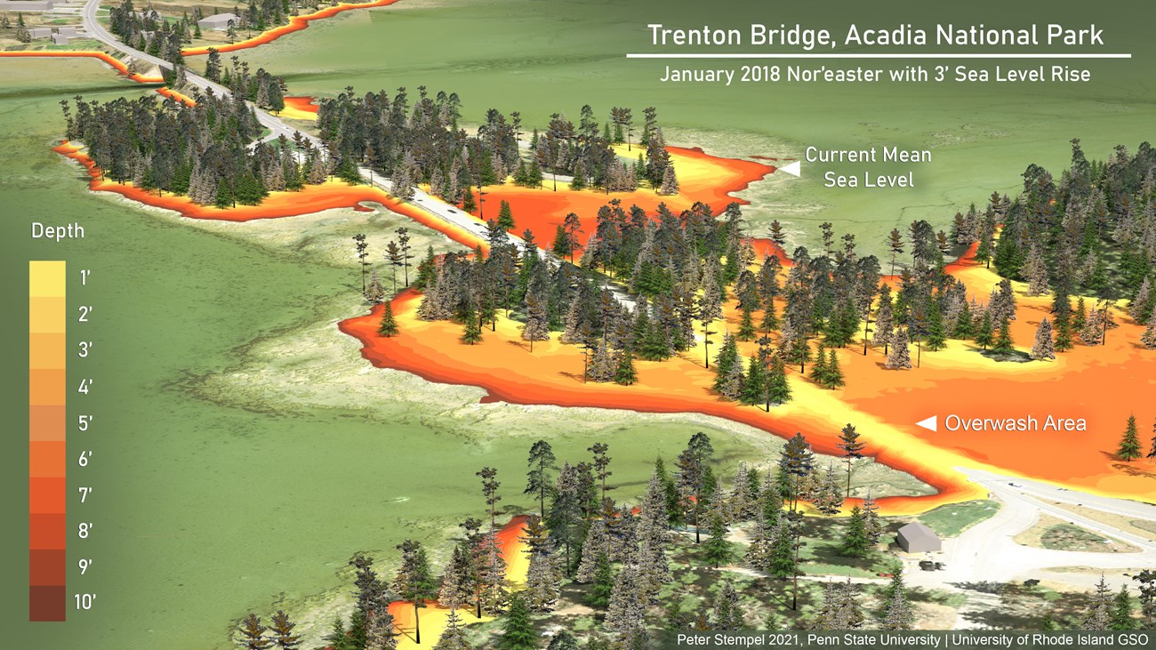 Drone's eye view of a road crossing over water and a small, conifer-covered island, with shades of yellow and orange showing that alot of the island and a section of the road would be flooded if a past, 2018 nor'easter recurred with 3ft of sea level rise.