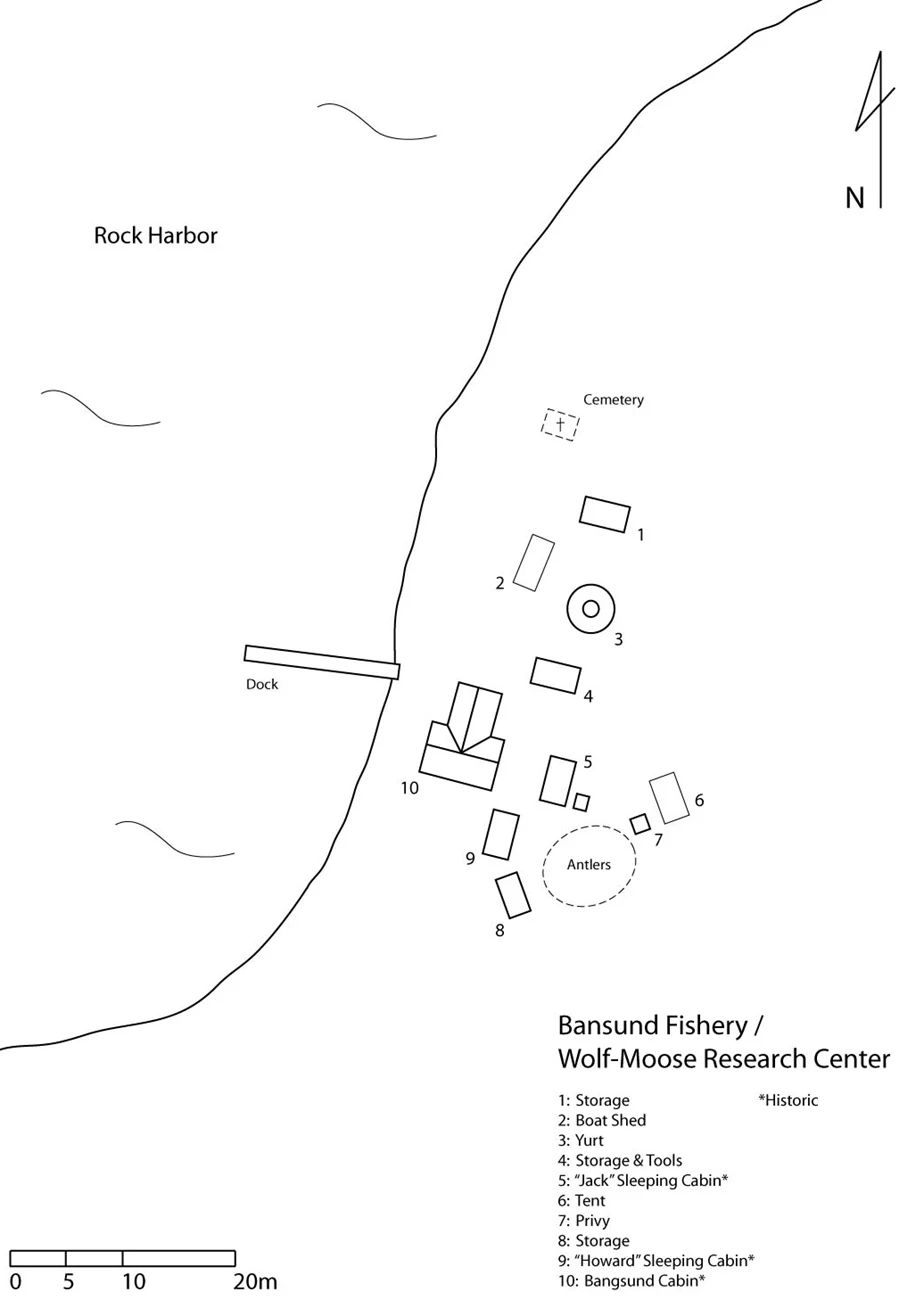 Bangsund_Fishery_SiteMap sketch of the Bangsund fishery including 3 storage structures, boat shed, yurt, 2 sleeping cabins, tent, privy, and cabin