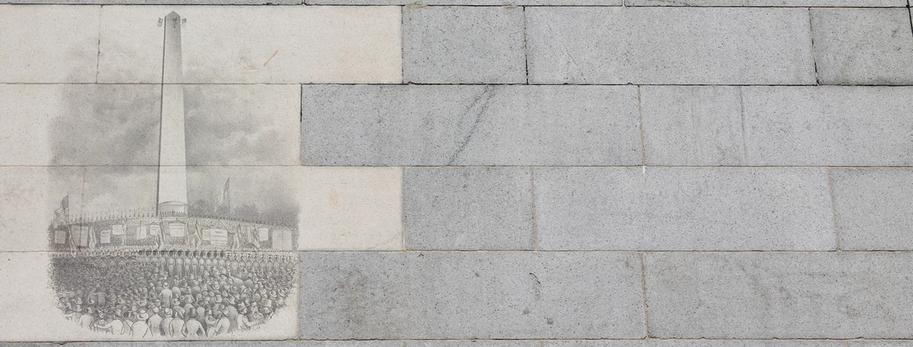 Changing Memories banner photo of granite blocks. some of the blocks are overlayed with a historic image of the Bunker Hill Monument, surrounded by a crowd of people.