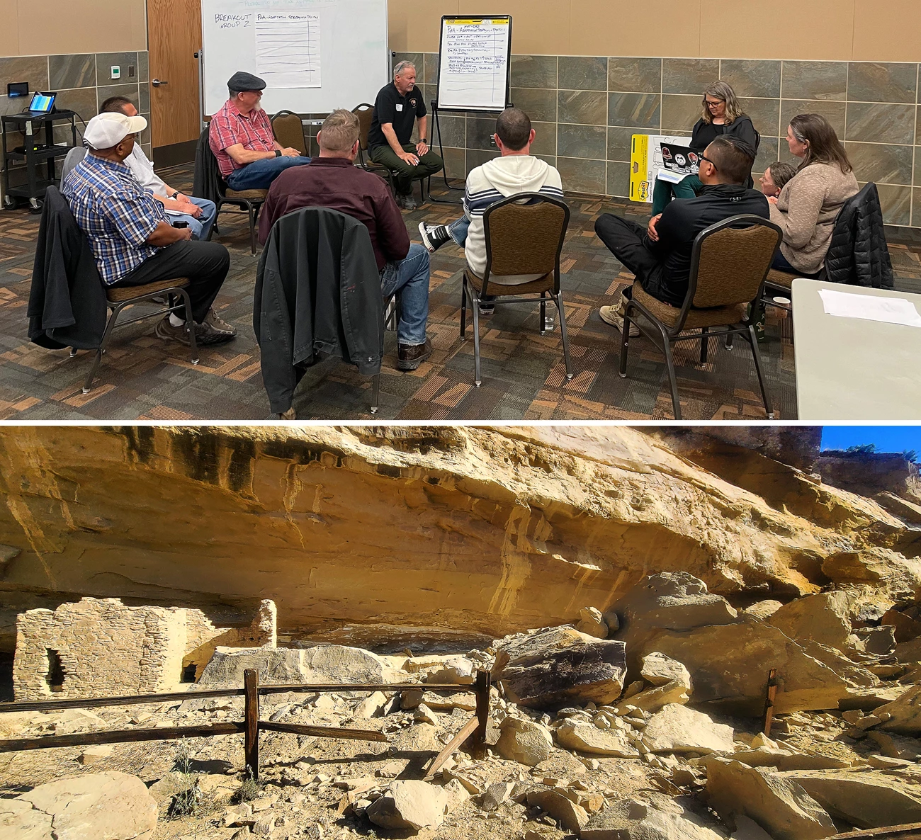 Scenario planning workshop (top) and Gallo Ruins rockfall aftermath (bottom) Top: People sit in a circle with a moderator, with notes written on an easel and whiteboard; Bottom: Boulders from a fresh rockfall that have crushed portions of ancient cliff dwellings and a fence.