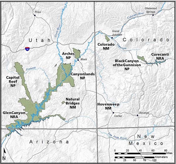 Climate Change Fig1 This figure is a map of southeast Utah and southwest Colorado, with small adjacent portions of Arizona and New Mexico. The map shows, in green, the locations of national parks and national monuments from which staff participated in the December 2018 clima