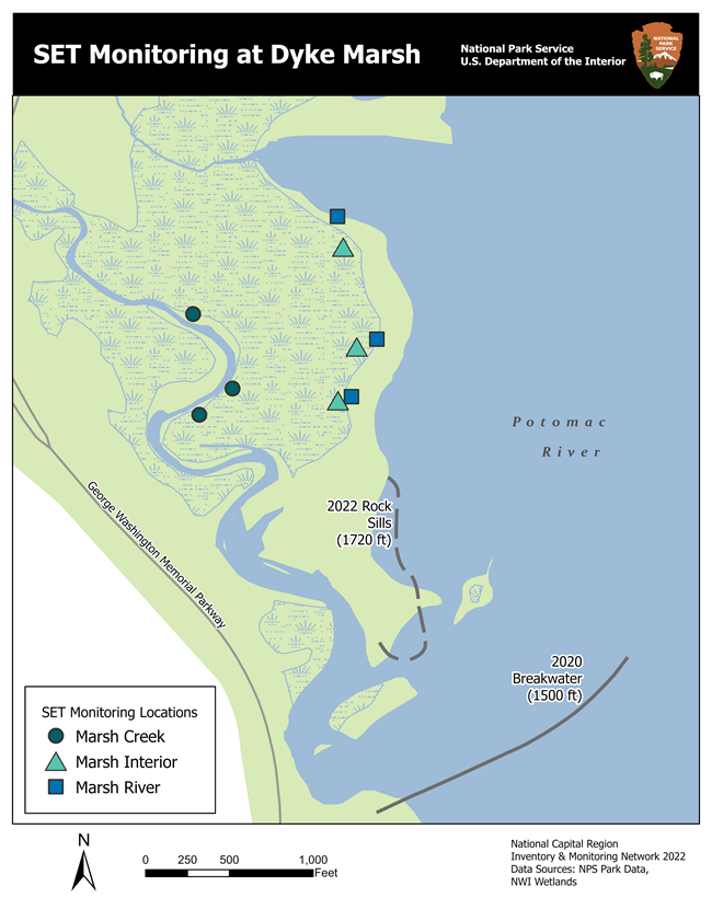 DykeMarsh_Map Map of Dyke Marsh with the marsh in green and the Potomac River in blue. The SET monitoring sites are symbolized with green circles for the three creek sites, light green triangles for the three interior sites, and blue squares for the three river sites.