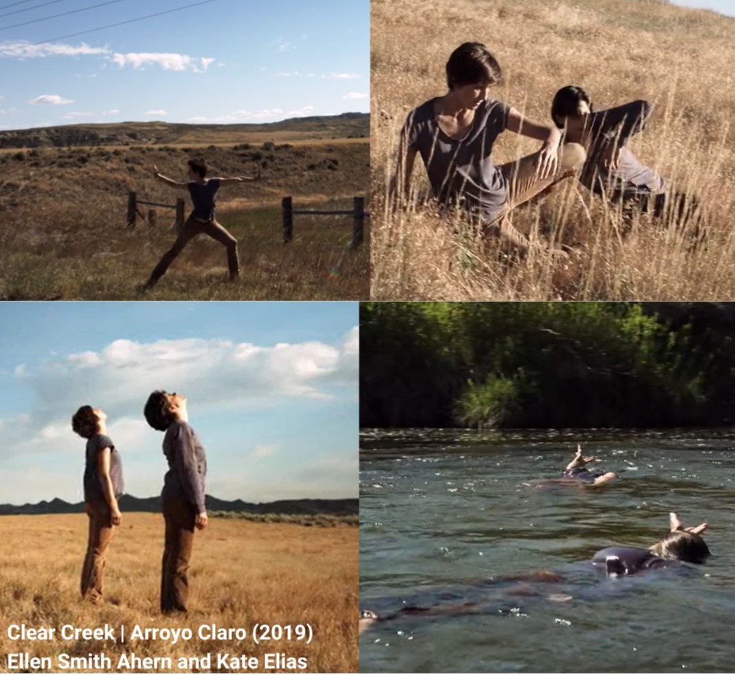 four photos of two women dancing in fields, hills, and a river