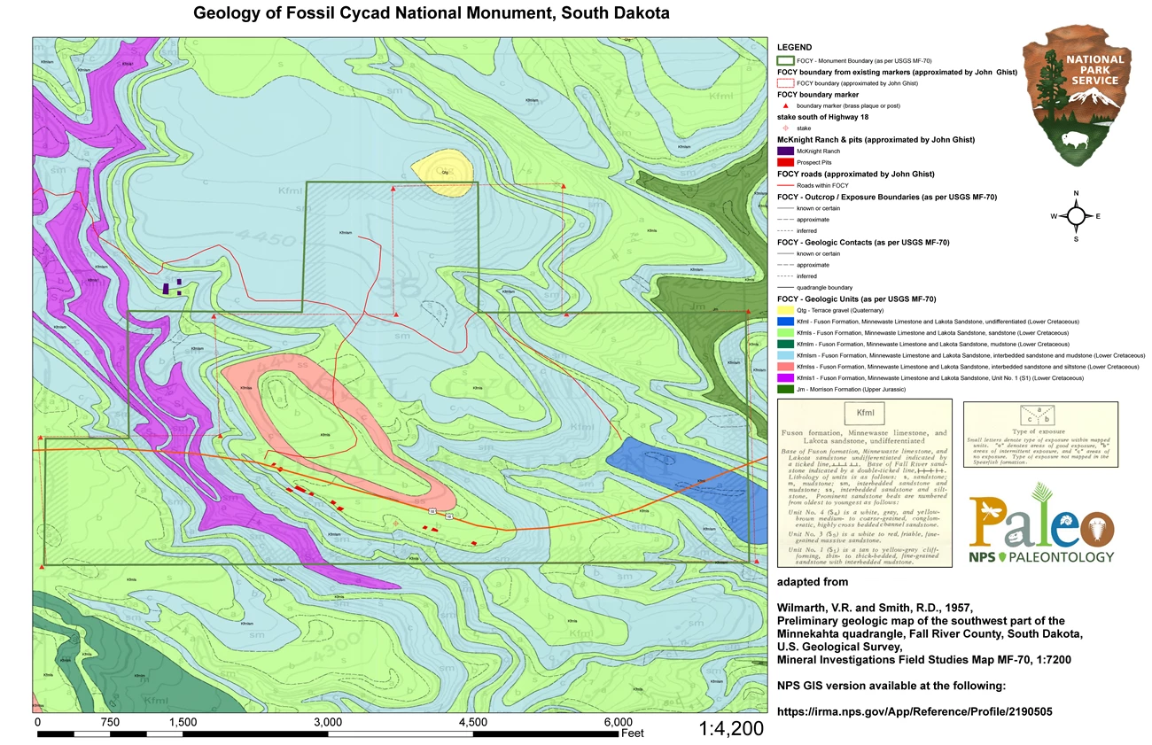 FIGURE 5 - FOCY Geologic map of the area of Fossil Cycad National Monument. Map includes legend with map units and scale.