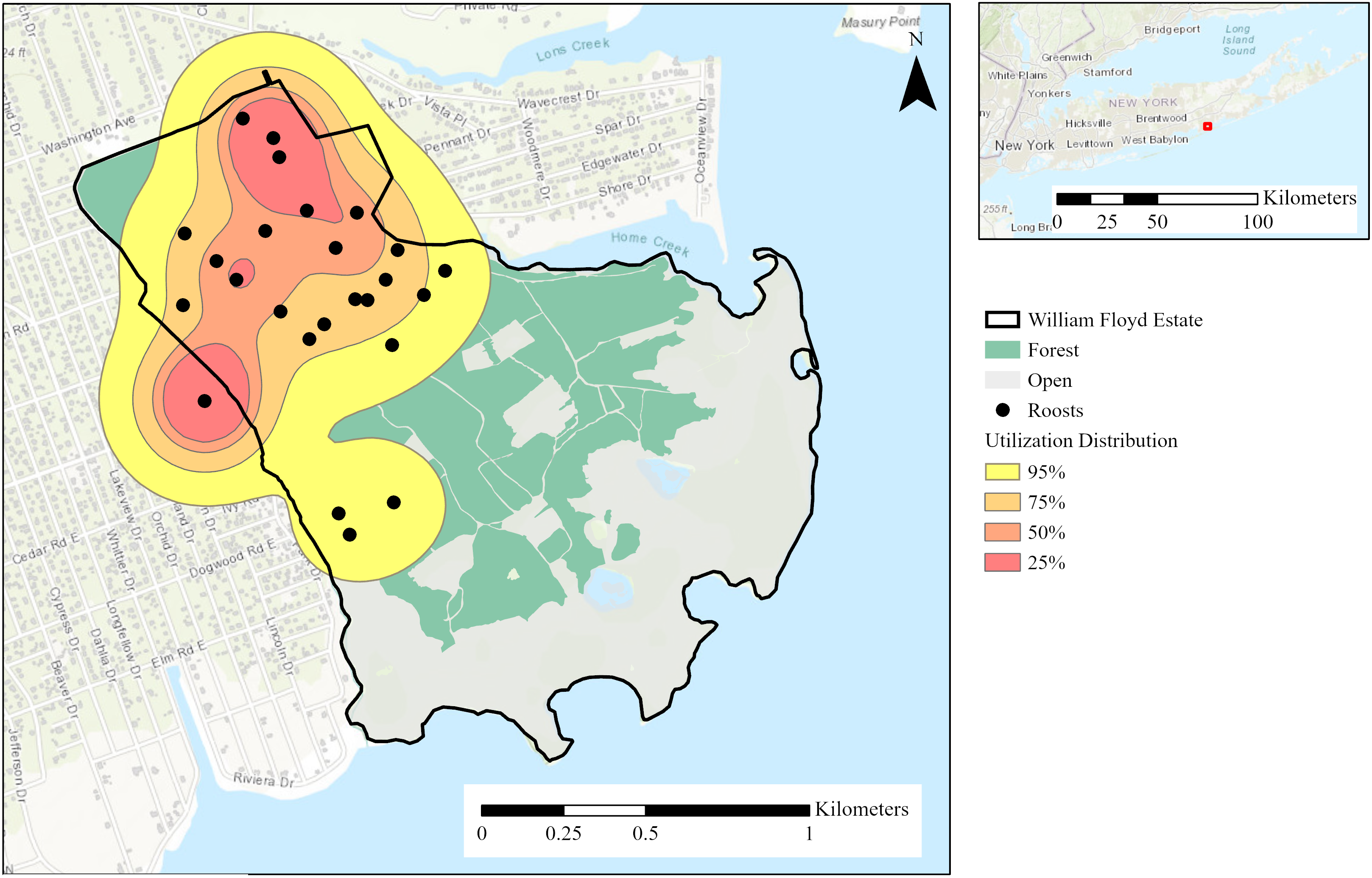 William Floyd Estate map with forested areas highlighted in green, overlaid with a heat map indicating bat activity. Darker shades of the heat map are concentrated in the northwestern corner of the park. Black circles are locations of roosts.