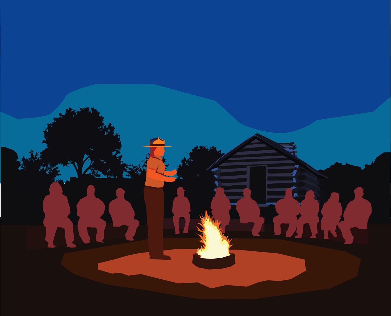 Campfire Program_Illustration_Web Illustration of park ranger standing next to campfire surrounded by seated audience