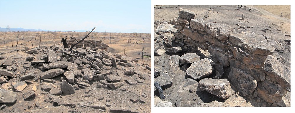 Figure 04 burned walls Sanchez Mesa (2011 NPS)_web Burned masonry pueblo site showing fire effects, and a closeup of destabilized wall.