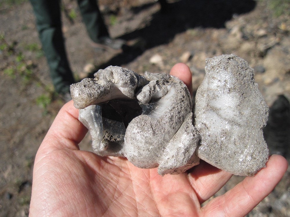 Figure 05 2012_3053_VesiculatedOBS_inhand_web Hand holding a chunk of obsidian that was melted and bubbled in a forest fire.