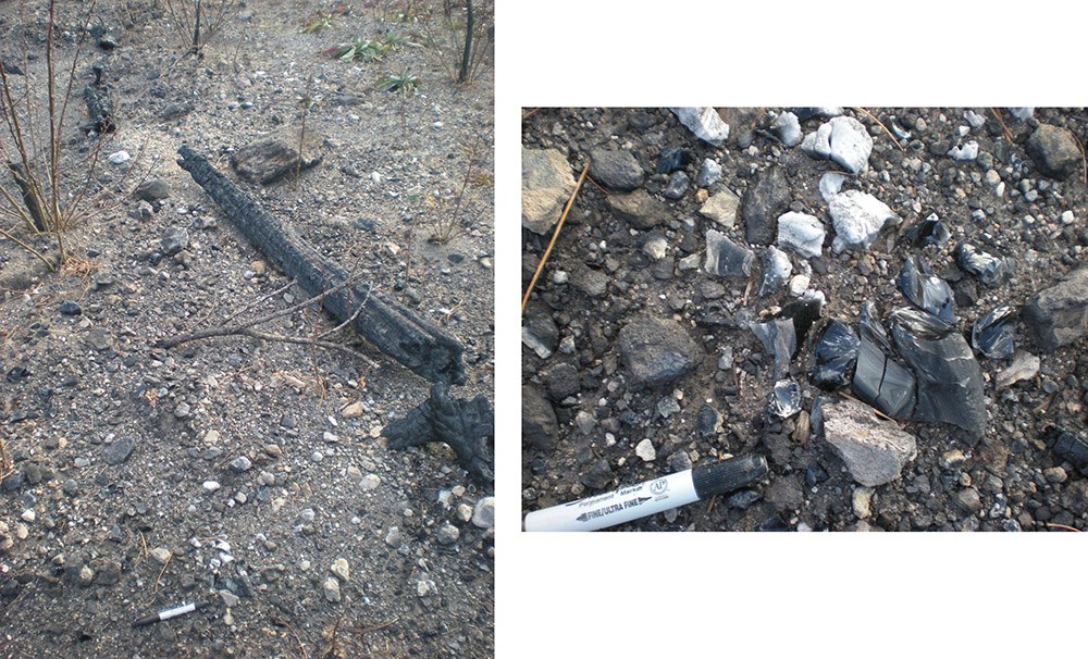 Figure 06_obsidian_vesiculated_and_fracture_LCF_2011Nov_web Two images showing burned obsidian pieces at an archeological quarry site.
