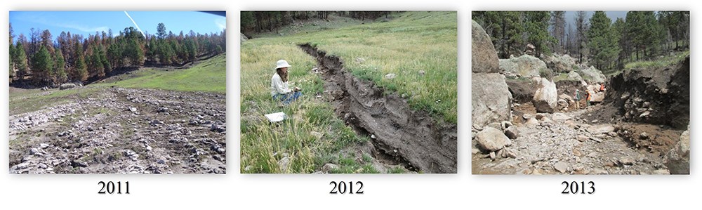 Figure 07. LCF_CDM_erosion_trenches5_web Three views of deep erosion trenches cutting through an archeological site over time.