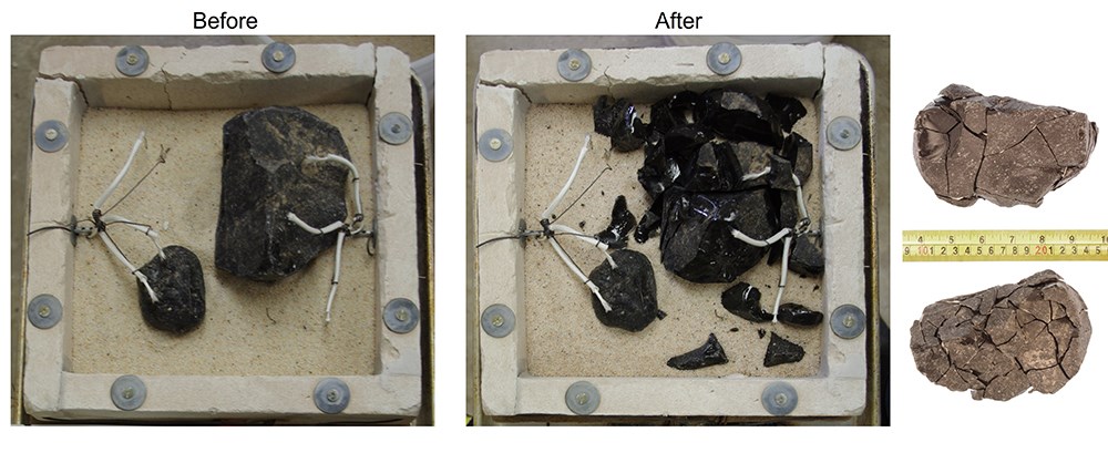 Figure 09_ObsFract_Before_After2_web Comparison photos showing intact obsidian before experimental heat exposure and fractured obsidian after heat exposure.