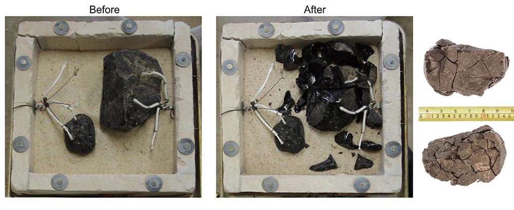 Figure 09_ObsFract_Before_After2_web Comparison photos showing intact obsidian before experimental heat exposure and fractured obsidian after heat exposure.