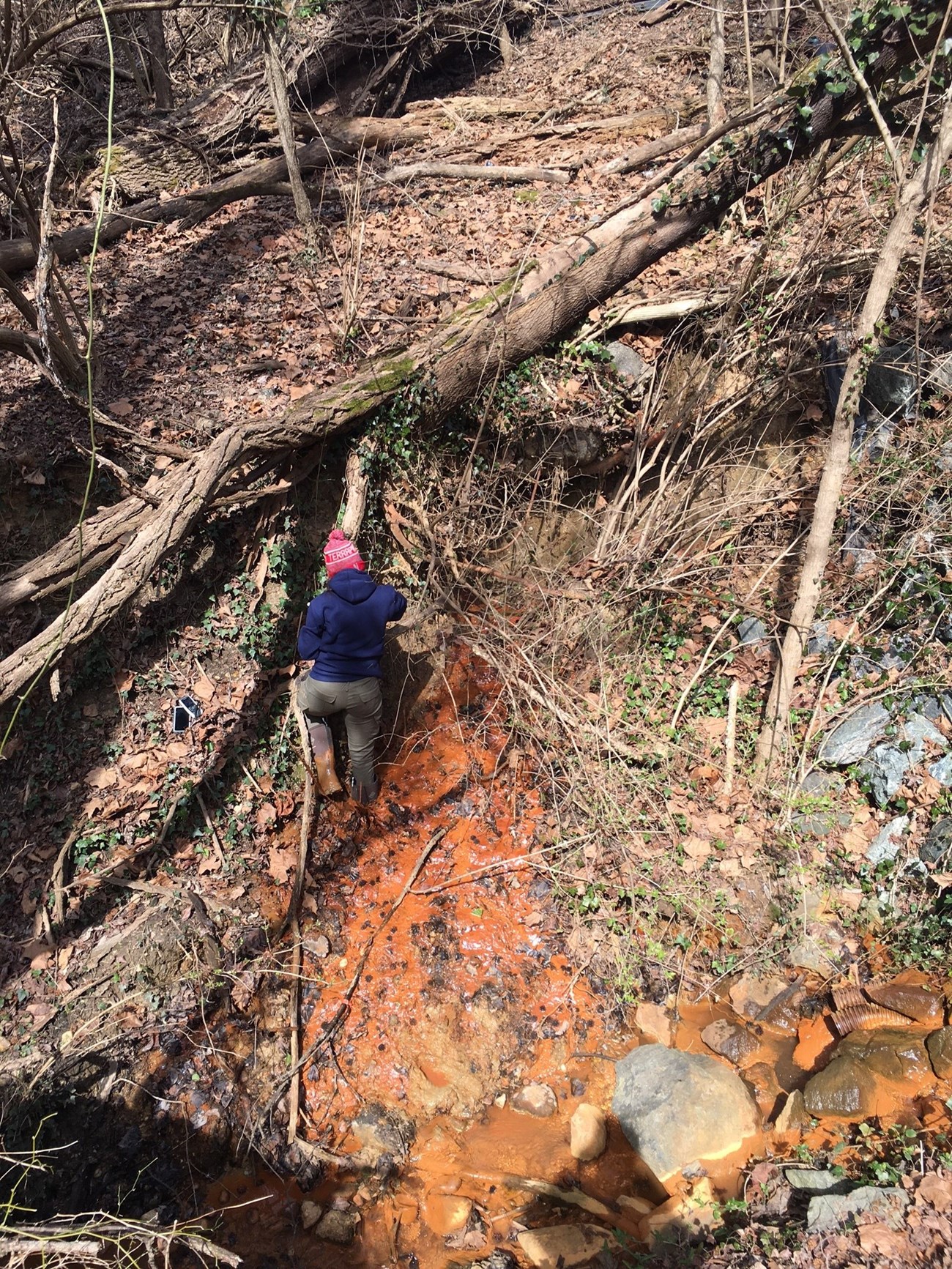 Looking downward person in tall boots standing in an orange-colored stream, just below a fallen tree.
