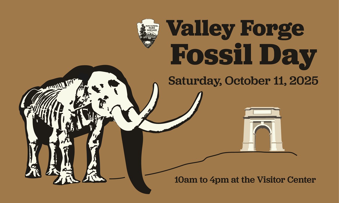 Fossil Day 2025 Web graphic of a dark mastodon silhouette with all the bones highlighted. the national memorial arch is in the distance