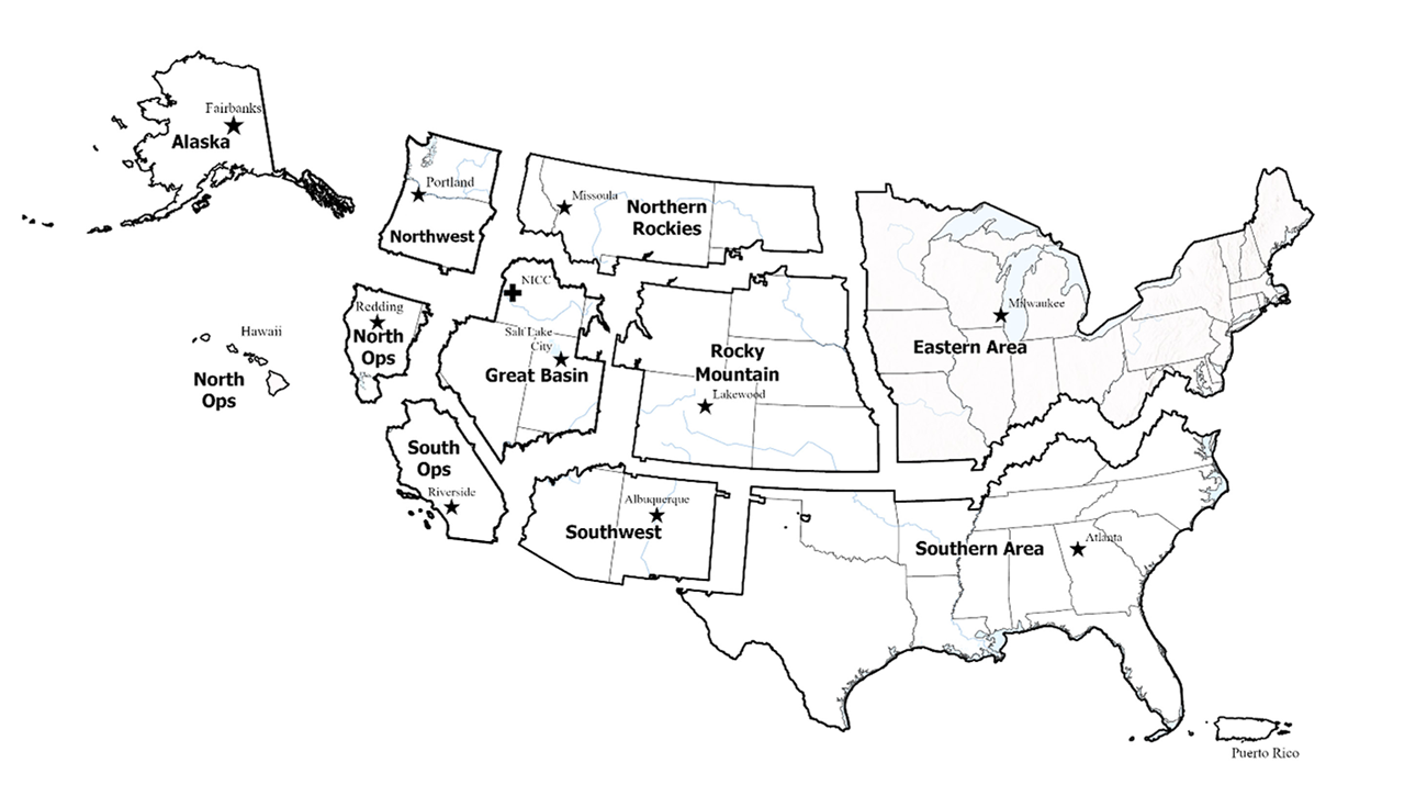 Map of the United States separated out into sections with a star in each section.