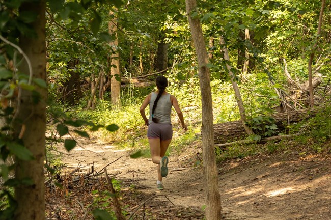 Person running on a trail through the woods