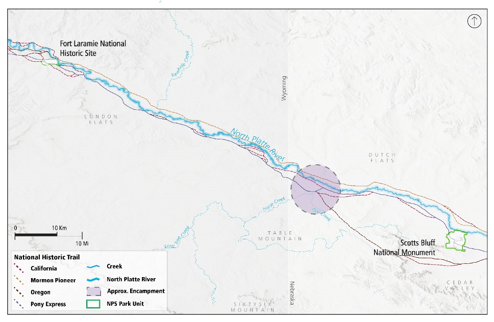 Horse Creek Treaty site A circular purple spot in the lower right quadrant of the image surrounded by a dashed line. Scotts Bluff National Monument is in the bottom right corner, Ft. Laramie National Historic Site is in the upper left corner.