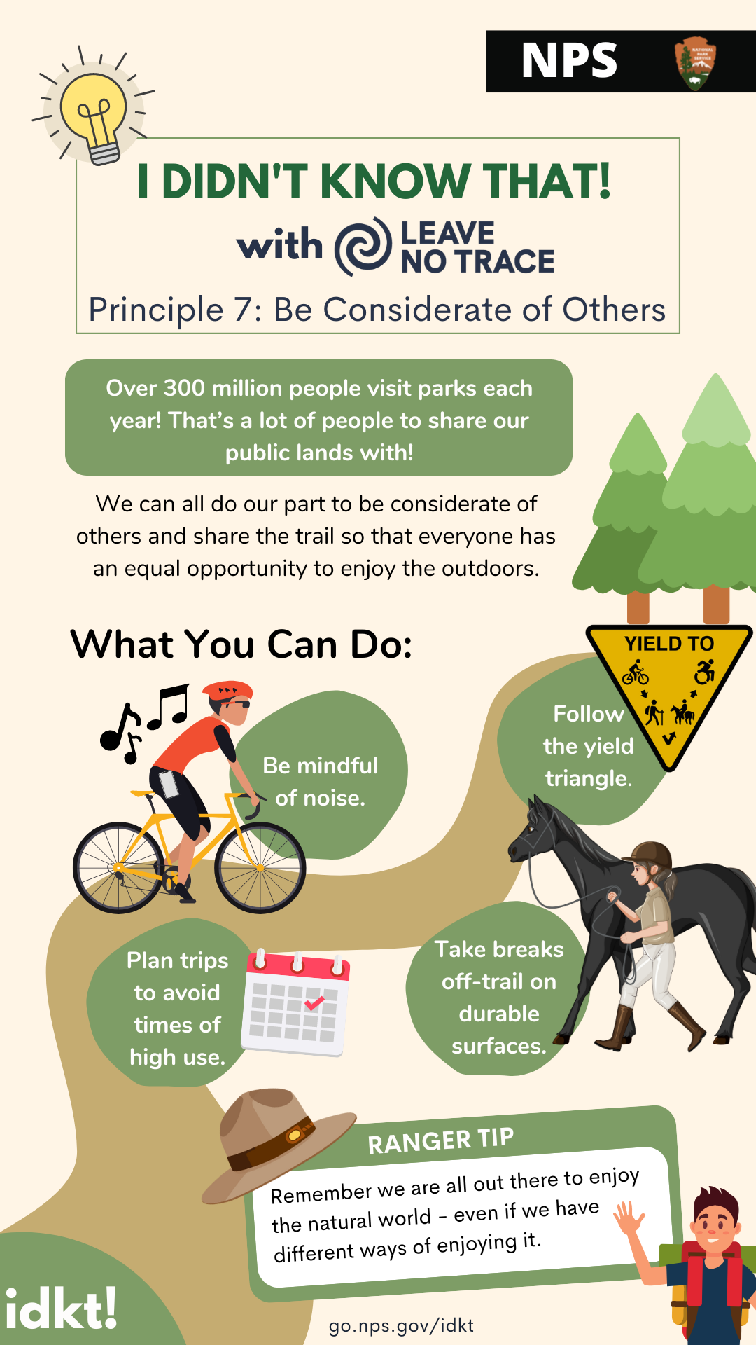 Right click to download and share Infographic describing Leave No Trace Principle 7: Be Considerate of Others with tips on what you can do