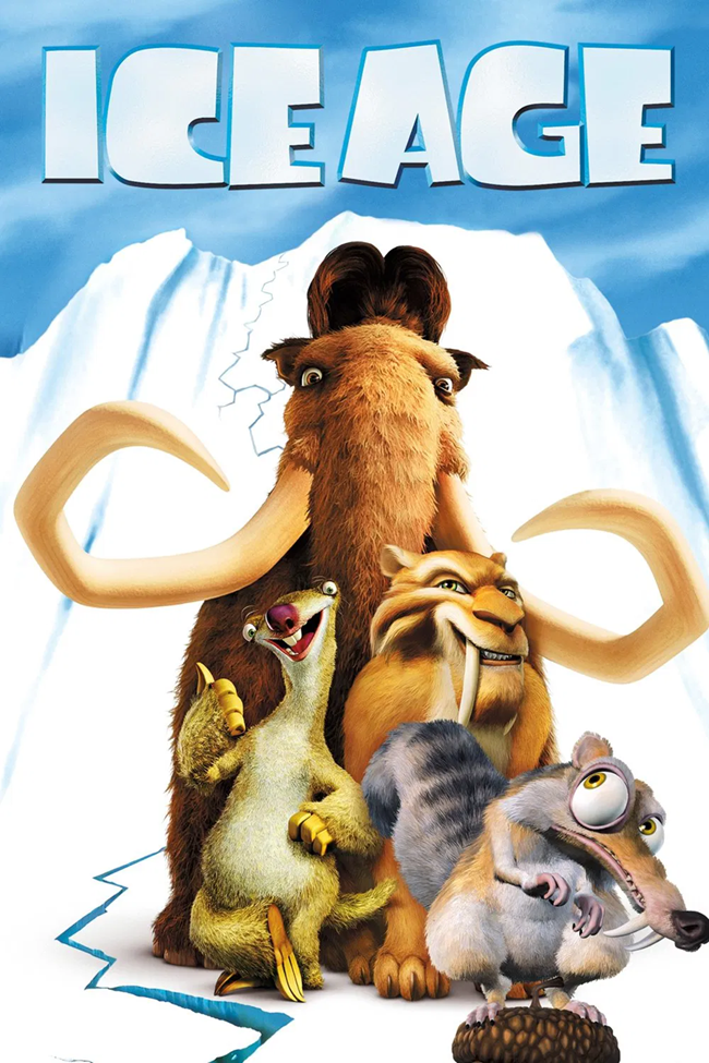 Ice Age (2002) animated mastodon, sloth, sabertooth cat, and squirrel standing on an acorn. group stands on snow and ice with a cracked cliff behind them.