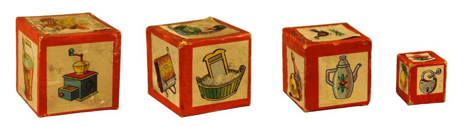 lt= Four small blocks with red edges and illustrations including a grinder, washtub, coffee pot, and lock