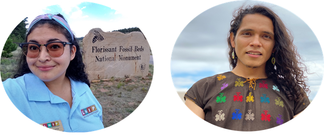 Latino Poem Authors: Astrid Garcia and Franklin Cruz Two young Hispanic people are pictured. On the left is a young woman in a light blue uniform shirt posing in front of the Florissant Fossil Beds sign. On the right is a young man smiling at the camera wearing a black shirt with colorful embroidered bees.