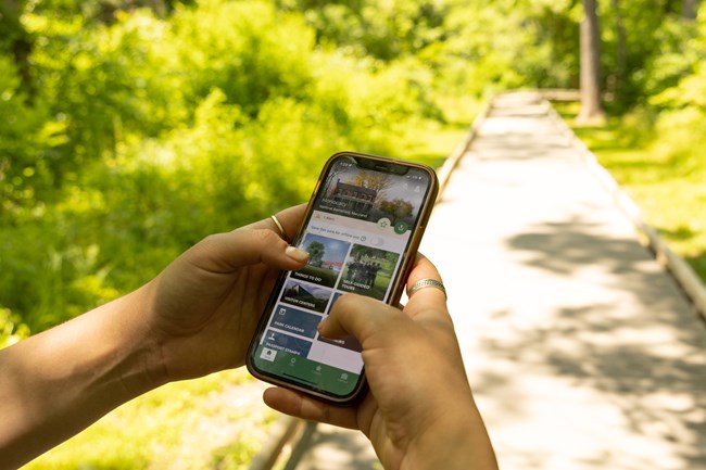 Hand holding a smartphone displaying the NPS App while on a wooded trail