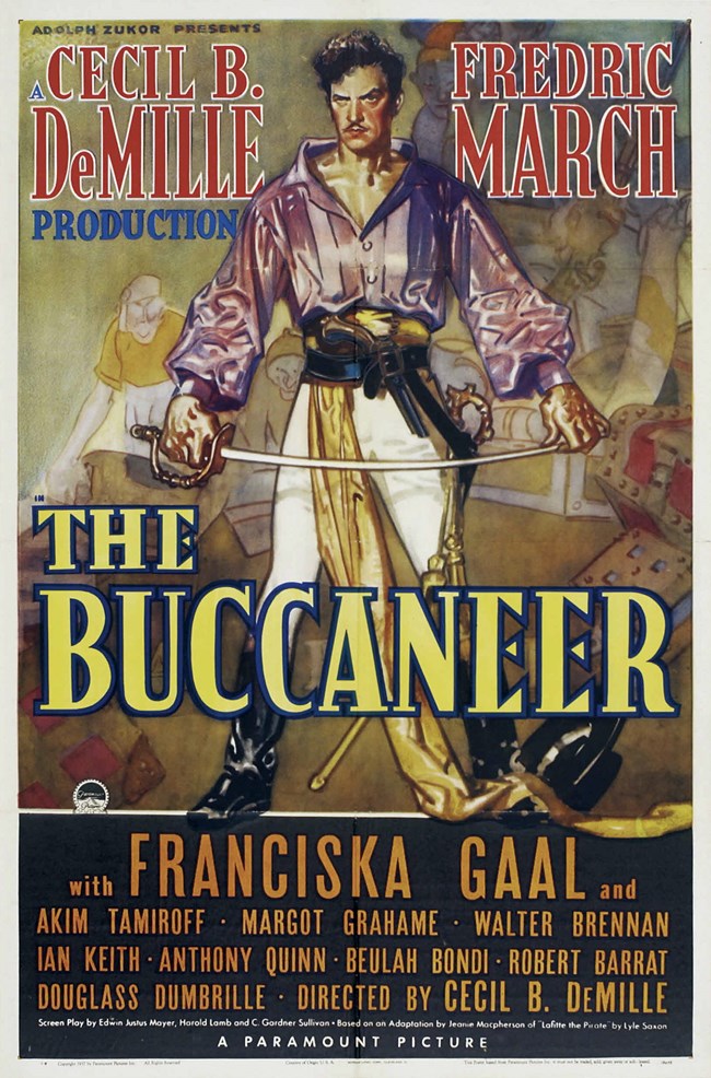 A 1938 movie poster with the title and the character "Jean Lafitte" standing in the center.