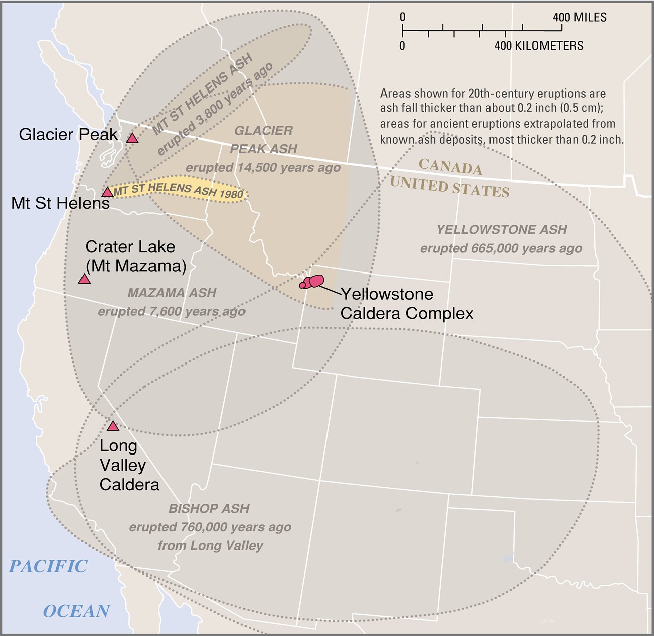 map of the western U.S. showing several overlapping multi-state regions that were effected by ashfall from 5 different volcanic centers