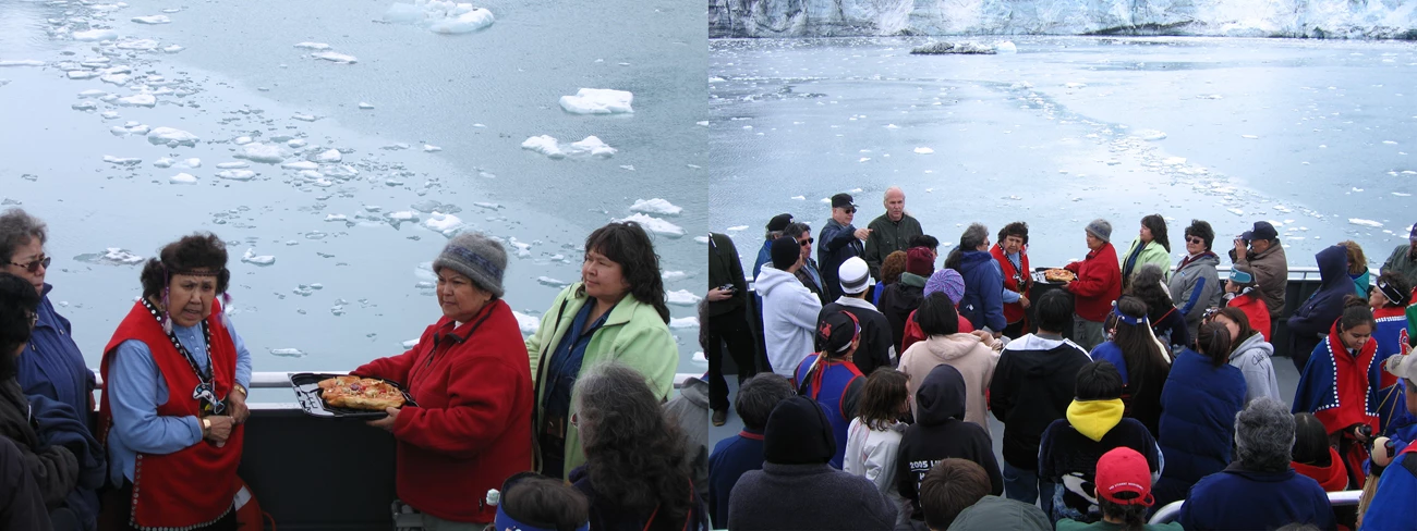 Margerie Glacier Tlingit offering Two photo collage showing Tlingit tribal members preparing an offering at a glacier.