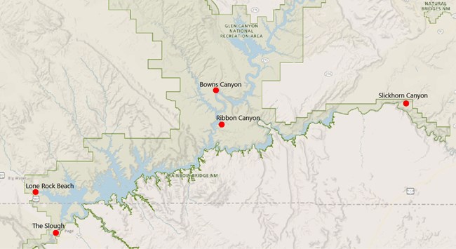 Dragonflyimage005Mod Map of Glen Canyon National Recreation Area with dots to show the five Dragonfly Mercury Project sampling sites.