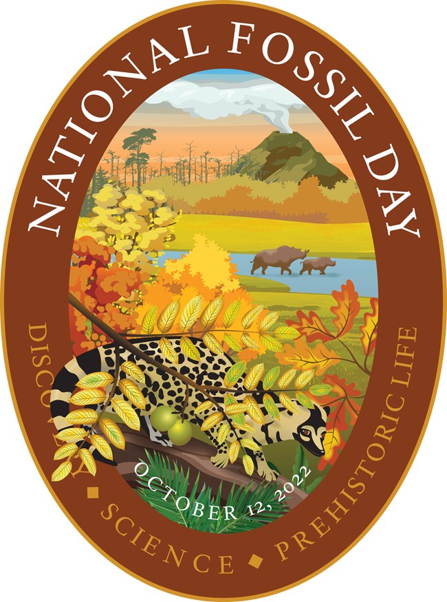 NFD_2022_Badge National Fossil Day poster with brown border and scene of prehistoric forest plants and aanimals. Text includes, National Fossil Day, Discovery, Science, Prehistoric Life, and October 12, 2022.