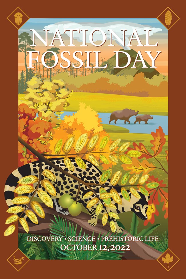 NFD_2022_Poster National Fossil Day poster with brown border and scene of prehistoric forest plants and aanimals. Text includes, National Fossil Day, Discovery, Science, Prehistoric Life, and October 12, 2022.