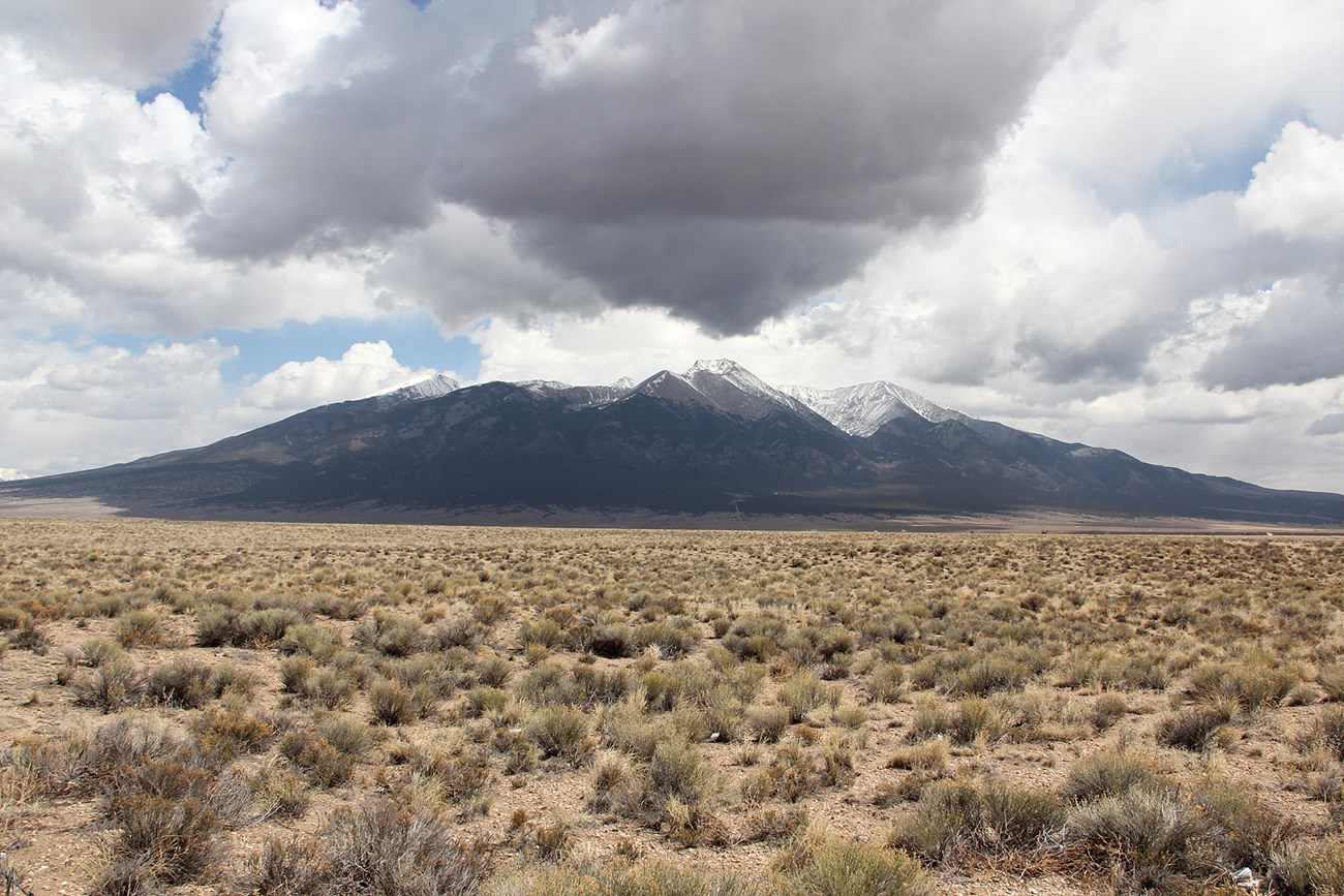 Mountain rising from a dry mixed-grass prairie