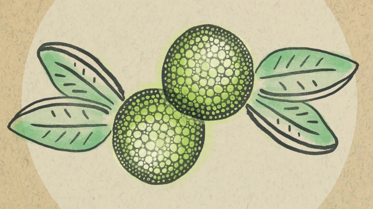 OSAGE-ORANGE_Lewis-and-Clark-Native-Names Drawing of two round bright green fruits with bumpy skin.