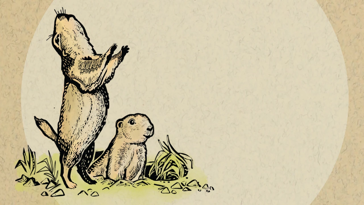 PDOGS_TJR-Native-Names-Graphic-grid-template_2021-03-08_CCampbell drawing of two prairie dogs. One is standing and calling out. One prairie dog peaks from a burrow.