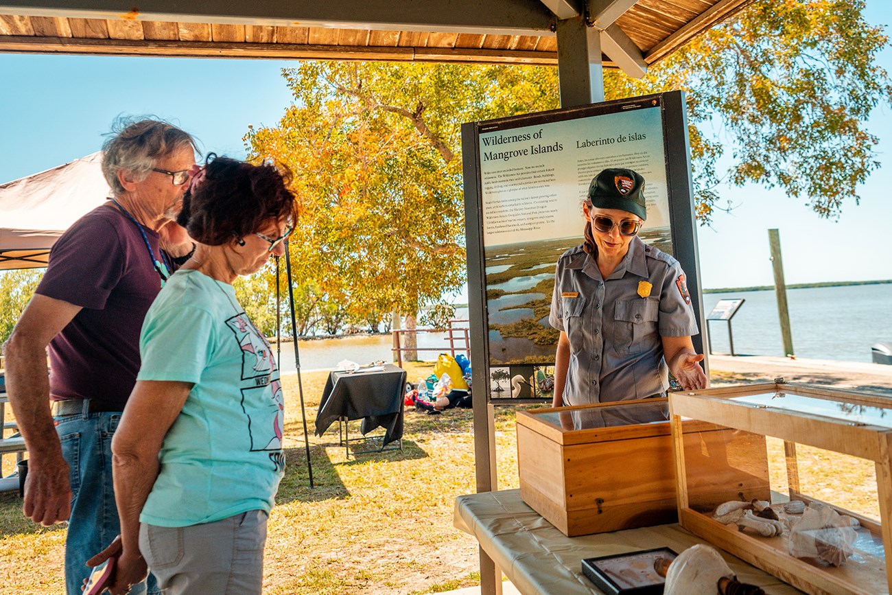 Park visitors look at a fossil display case while a park employee talks to them