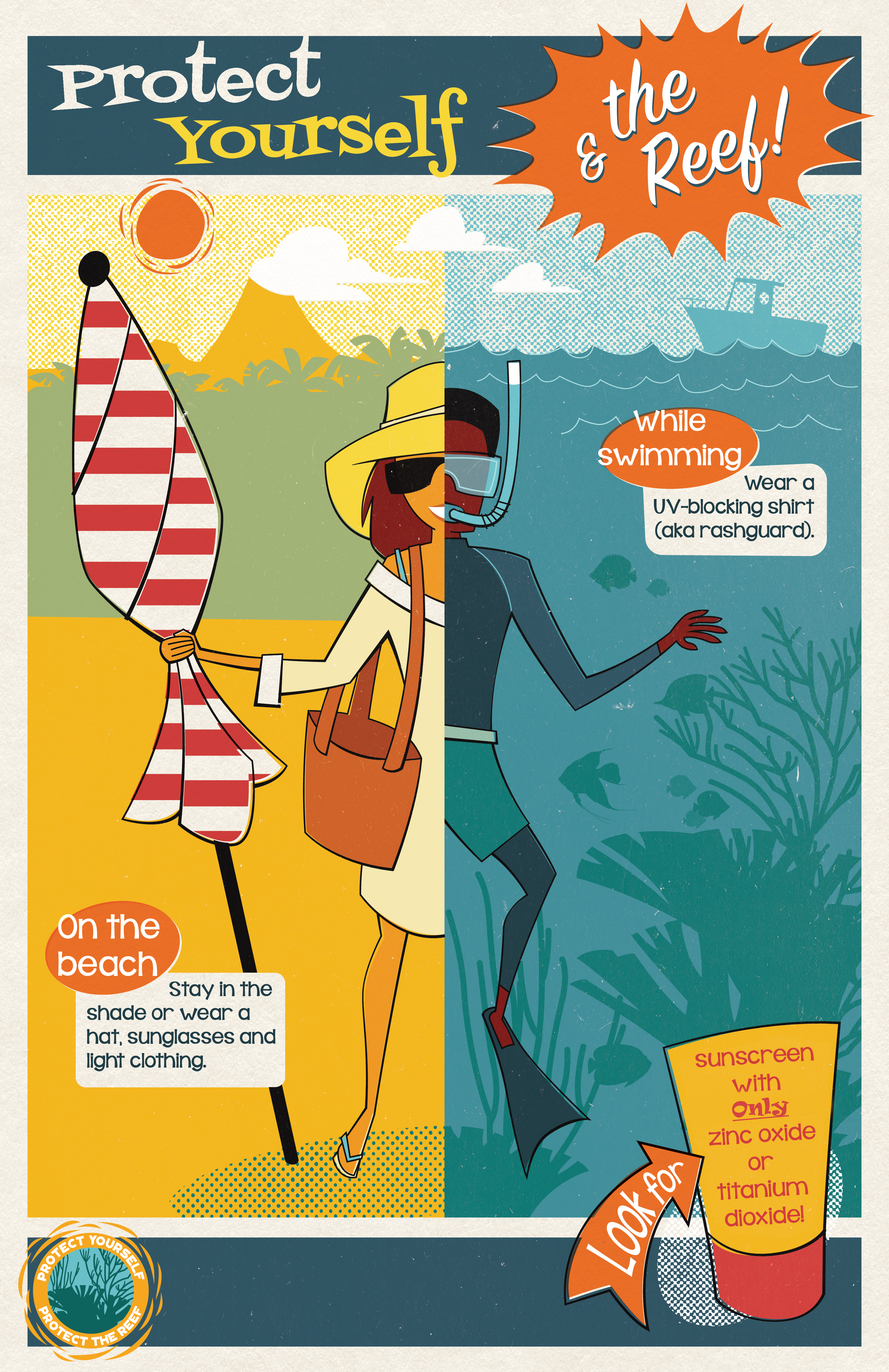 A colorful poster with the words, "Protect Yourself and the reef" and advice on what to do on the beach or while swimming.